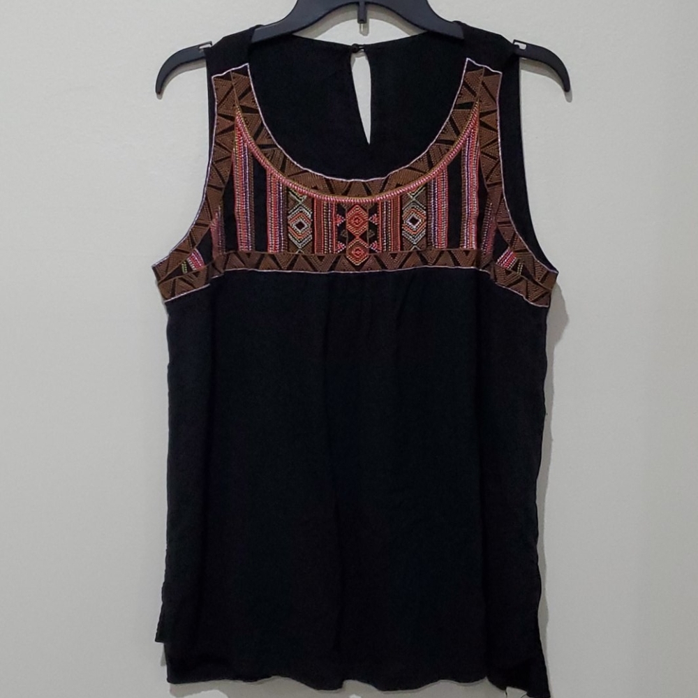 Anthropologie Black Sleeveless Top with Embroidered Detail